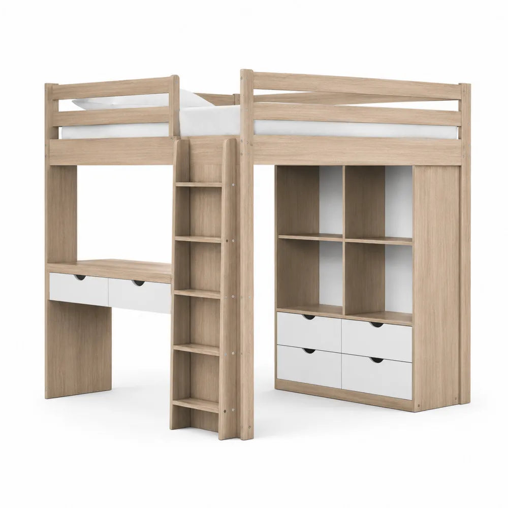 Łóżko piętrowe z biurkiem i regałem z płyty laminowanej