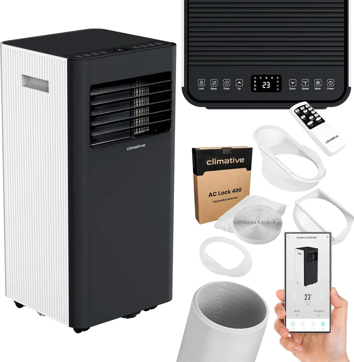 AC29-S BTU 10000 klimatyzator, 2,9 kW, 29 m², sterowanie WiFi, zdalne sterowanie, Klimatyzator przenośny DUO WiFi, osuszanie i wentylacja