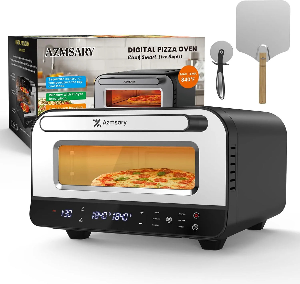 Azmsary piec do pizzy, Elektryczny, 32 cm, 1700 W, 6 programów, gorące trzymanie, grill, ciasto, maksymalna temperatura 450°C, idealne na pizzę