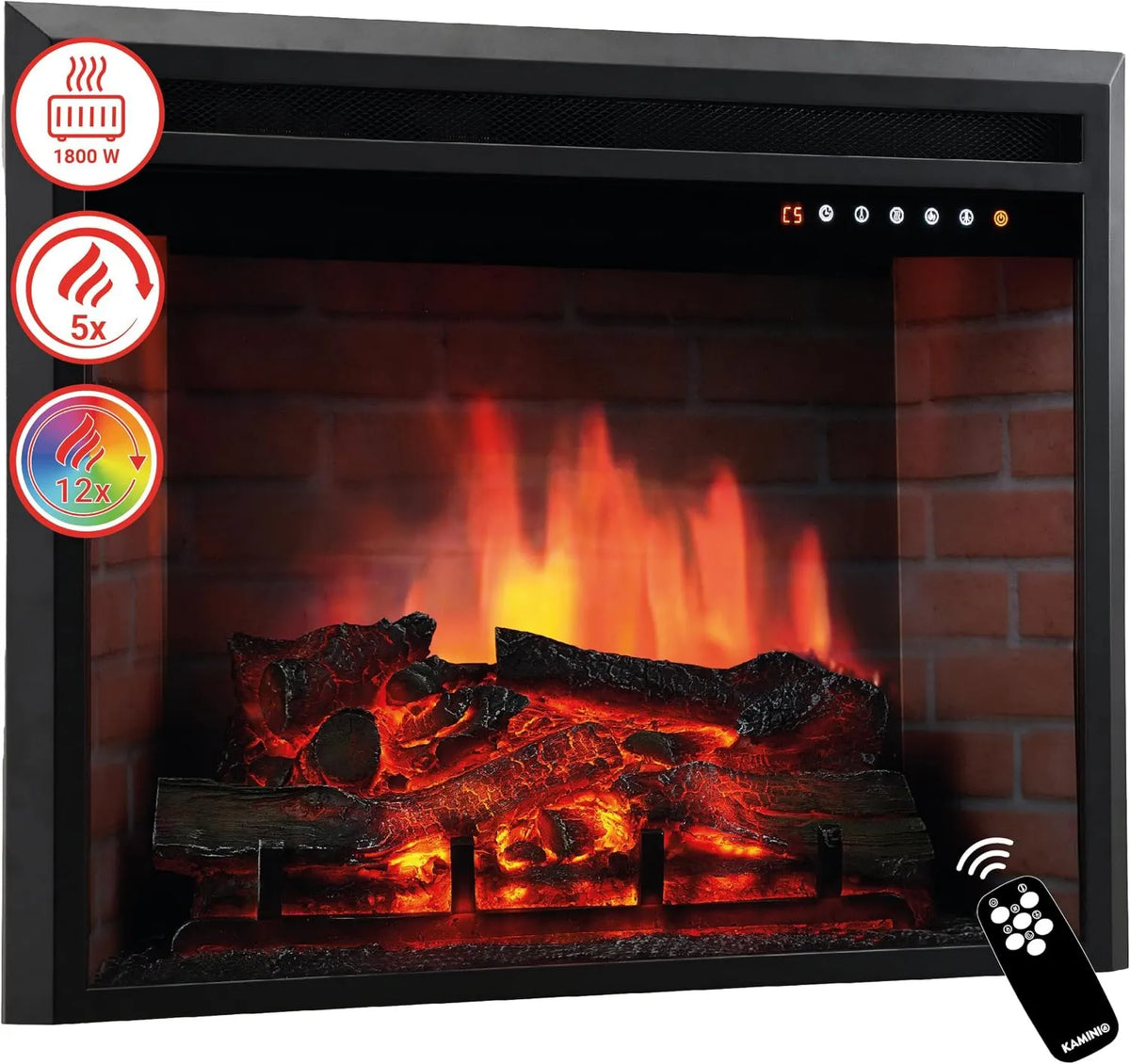 KAMINIO kominek elektryczny, Dekoracyjny kominek z kominkiem elektrycznym, efekt płomienia, ® Luca Pro 30, ogrzewany, LED ogień w 12 kolorach