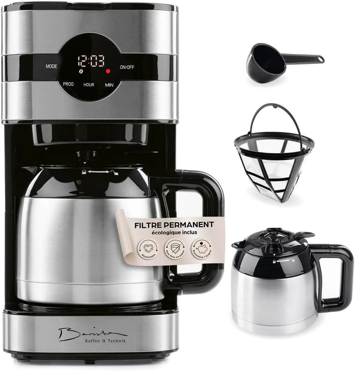 Barista Kaffee & Technik, 24 h elektryczny ekspres do kawy, licznik czasu, stal nierdzewna, minutnik & filtr stały, Dla 8 filiżanek kawy
