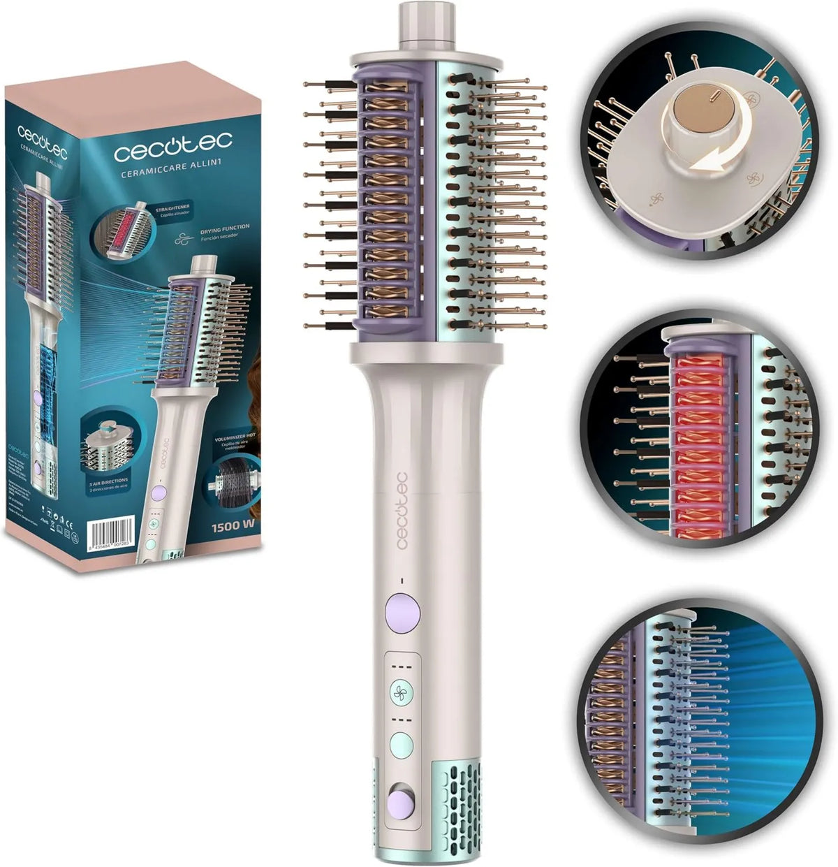 Cecotec, W 4 Allin1 szczotka, 1500 W, funkcja grzewcza, do szybkiego suszenia i stylizacji wielofunkcyjnej