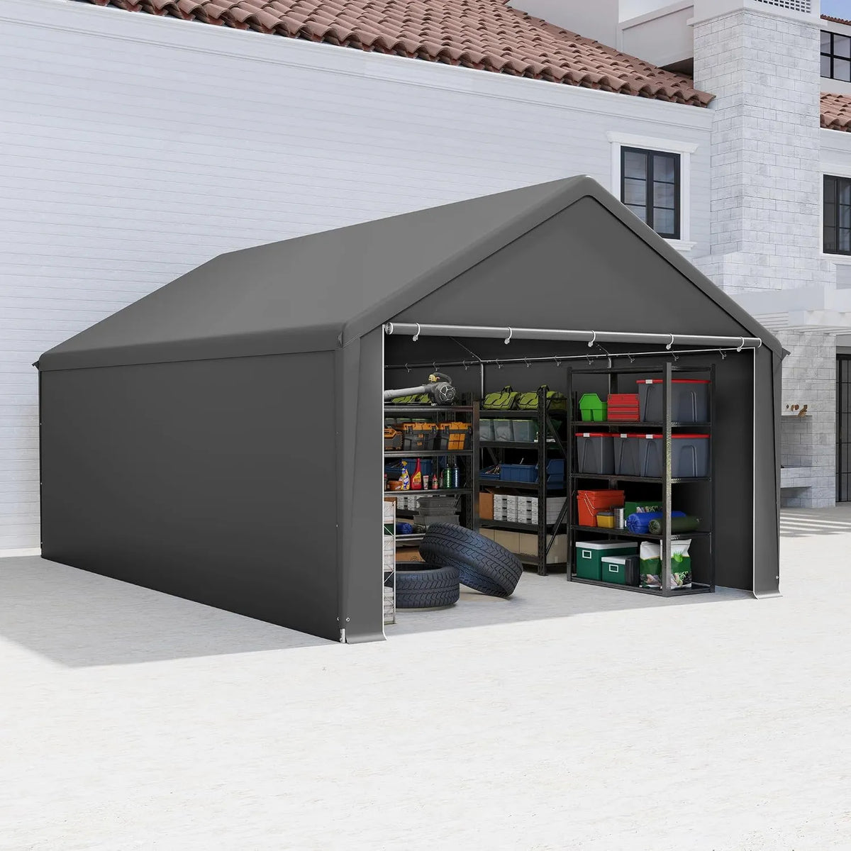 Aufun Carport namiot do przechowywania, 4 x 6 m, 37 mm, dach z polietylenowym dachem, odporny na rozerwanie, zdejmowane ściany boczne