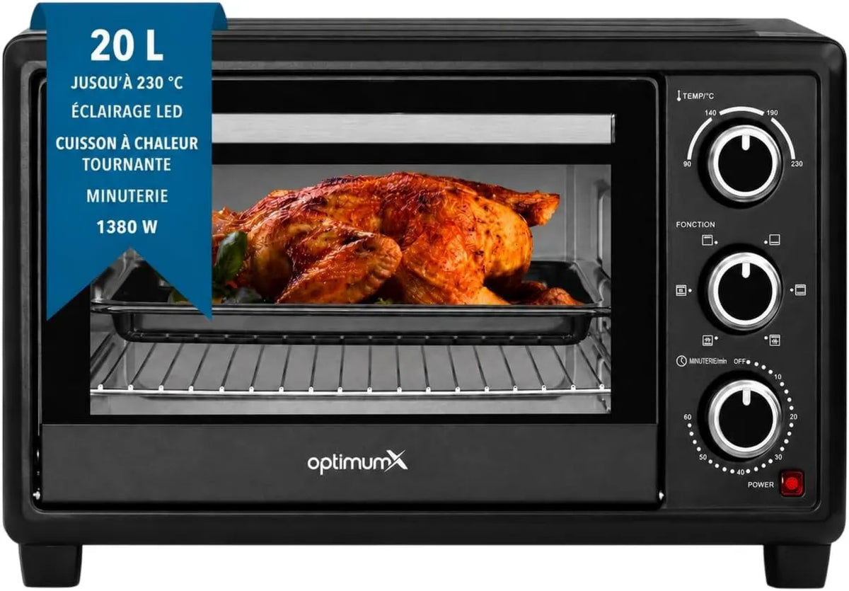 OptimumX Haushaltsgeräte mini piekarnik, Piec elektryczny, 20 l, 1380 W, 6 programów, licznik, kompaktowy, czarny, 60 min, 6 funkcji gotowania
