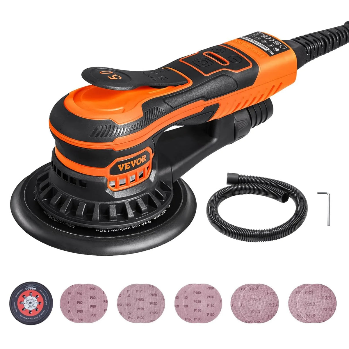 VEVOR, elektryczny szlifierka ekscentryczna bez miotły, Random Sinder orbitalny, 152 mm, 350 W, 6 prędkości zmiennych, odporny na kurz złącze i