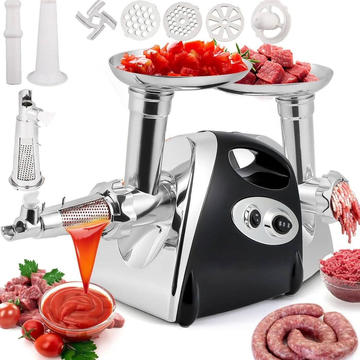 Blender, 2800 W, Elektryczna maszynka do mielenia mięsa i sitko do pomidorów, nadziewarka do kiełbas 3 w 1 z 3 płytami mielącymi i zestawem Kubbe