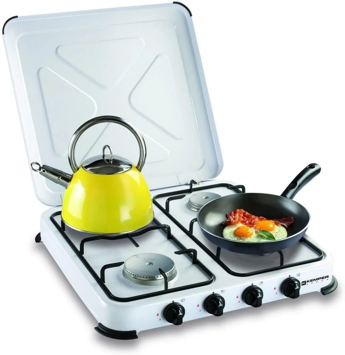 Kemper kuchenka przenośna, Płyta do spalania, 4 pola grzewcze, 4650 W, przenośne, plener, grill, kemping, wymienne, piec gazowy, biały, Balkon