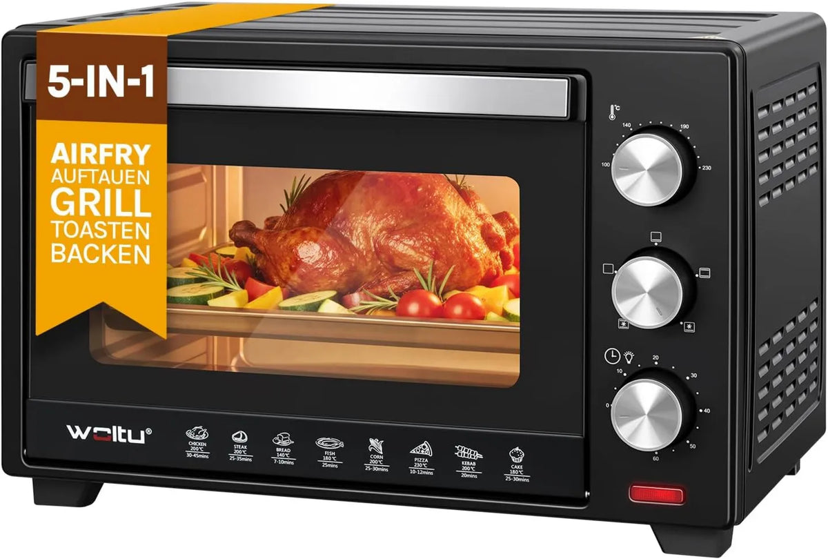 WOLTU mini piekarnik, Piec elektryczny, 28 l, 1600 W, 100 do 230°C, minutnik, grill, kompaktowy, rozmrażanie, czarny, licznik 0- 60 min, 3 Wzory kuchenne, Grid