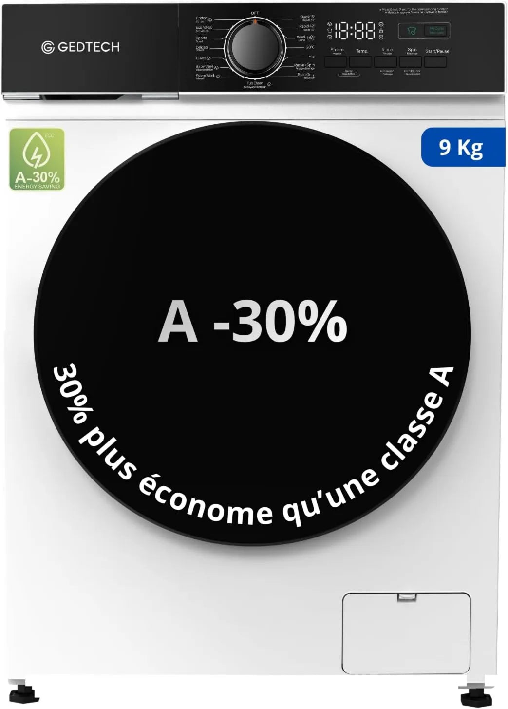 GEDTECH pralka, GLL91400 WH, 16 programów, klasa energetyczna A, 1400 obr./min, min, 9 kg, klasa A- 10% A-10