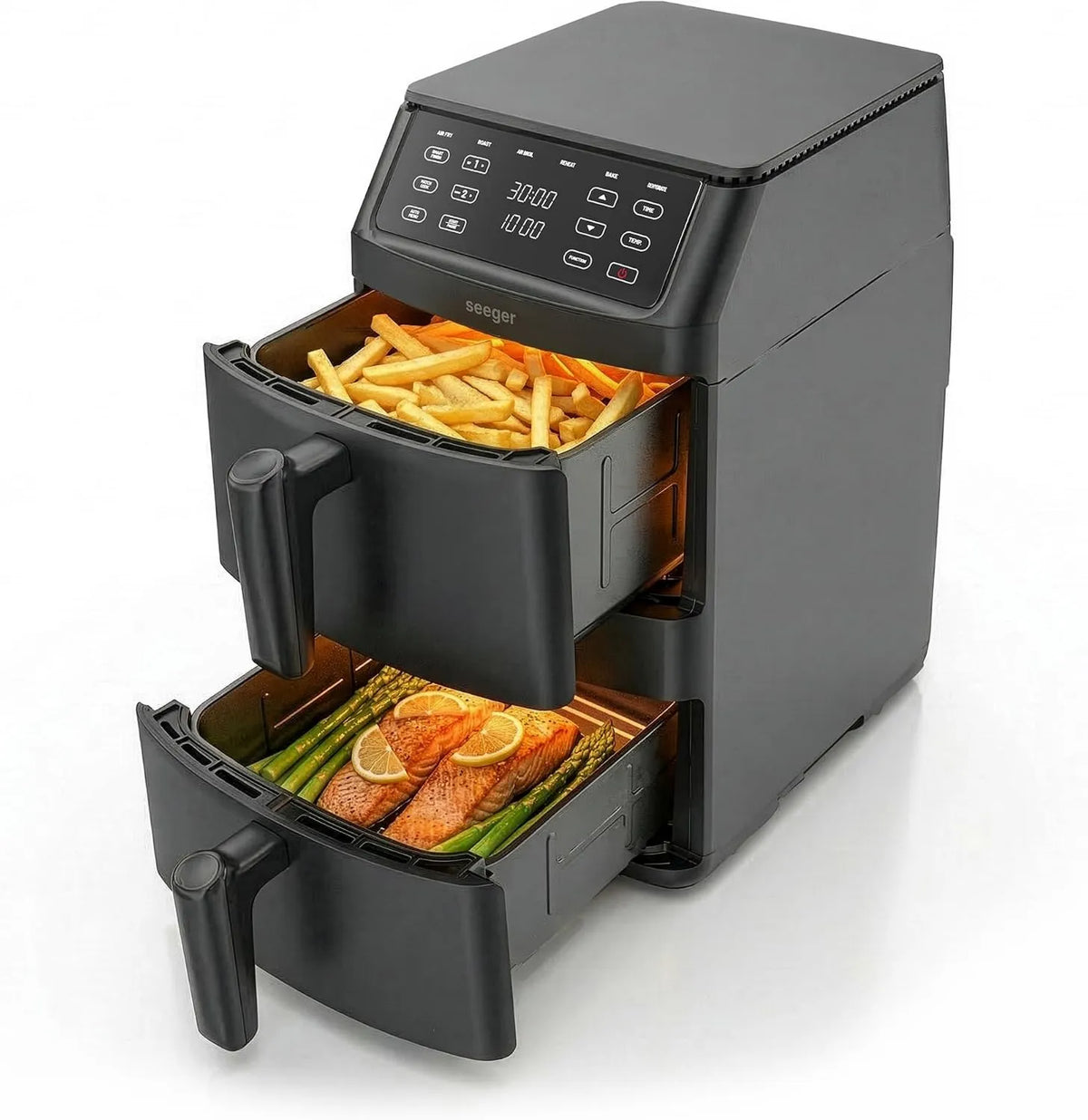 SEEGER frytkownica beztłuszczowa, SGR1011BK, 11 l, 2500 W, 8 programów, 30 do 220°C, dotyk, cyfrowy ekran dotykowy, 2 przedziały pionowe, bez PFAS