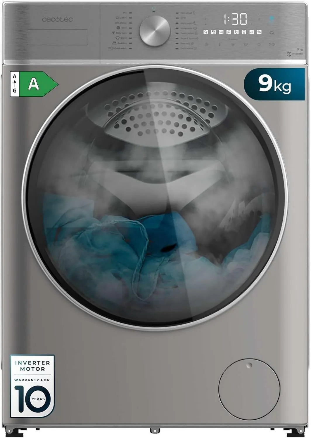 Cecotec A 1400 pralka, 16 programów, silnik inwerterowy, funkcja pary, ładowana od przodu Bolero DressCode 9800 Inverter Steel obr./min