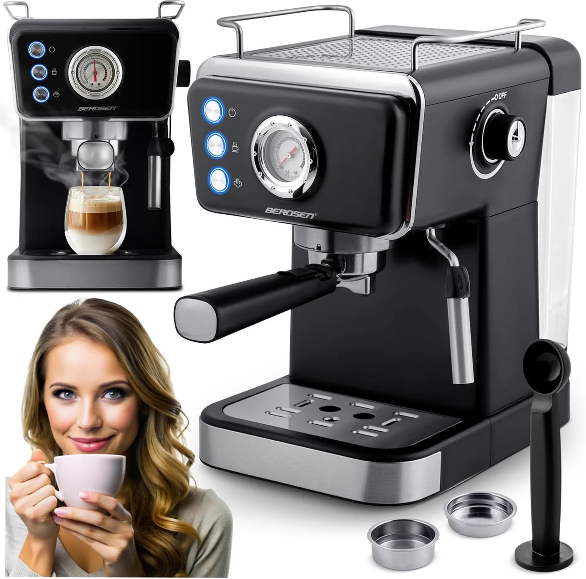 Ekspres ciśnieniowy, 1,5 l, 20 bar, Berdsen Ekspres do Kawy, Spieniacz do Mleka 2 Filtry, Cool Espresso