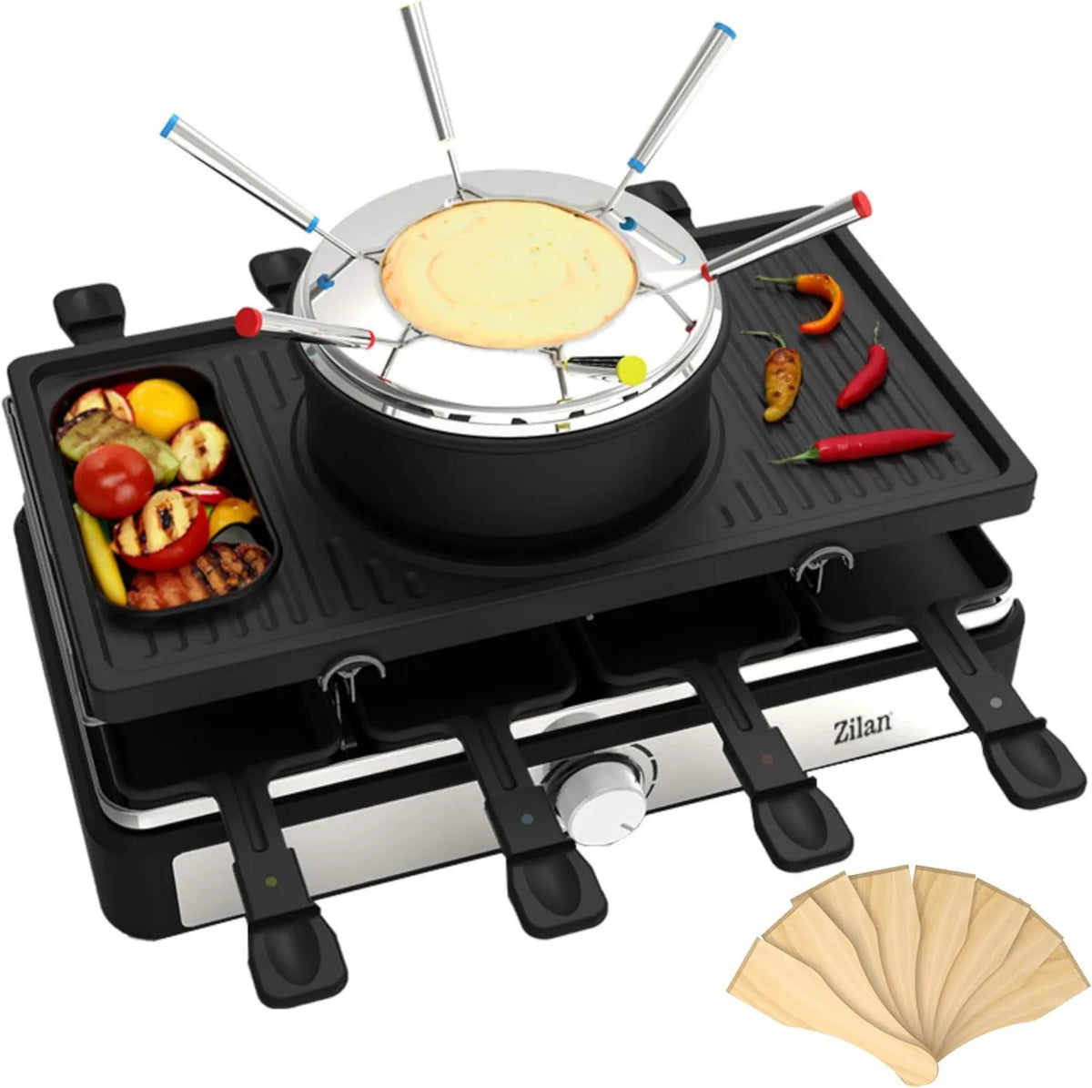 Raclette z Zestawem Do Fondue, 1,6 l, 1400 W, funkcja grilla, Urządzenie Dla 8 Osób, Grill Stołowy Na Imprezę