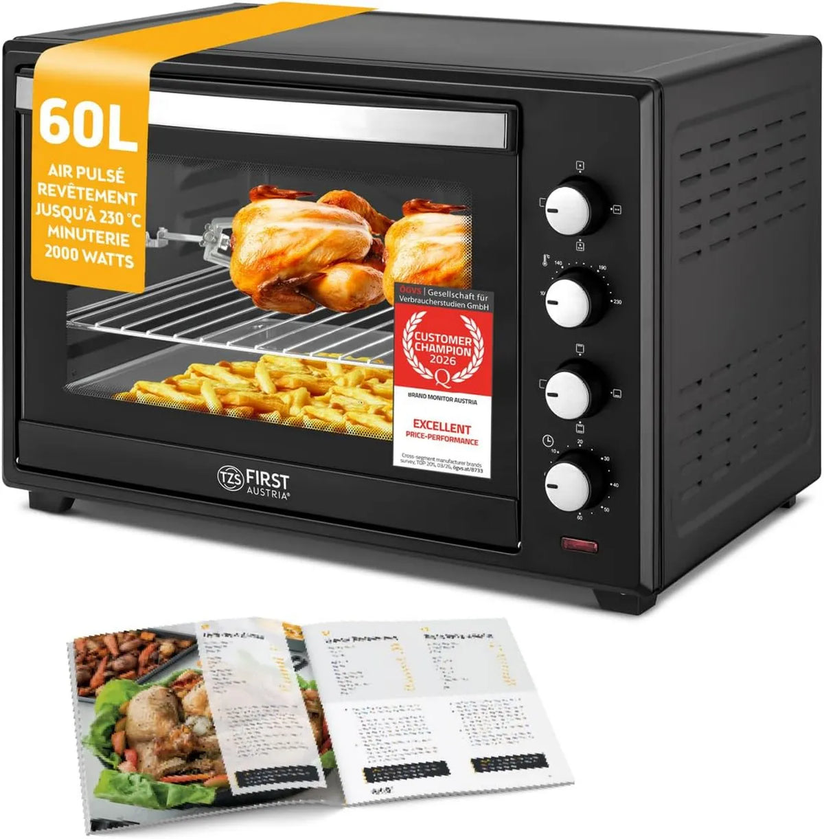 TZS First Austria mini piekarnik, Pizza piekarnik elektryczny, 60 l, 2000 W, zegar, grill, 2 strefy temperatury, 4 wysokości wkładki, TZS Pierwsza Austria - Mini- Cztery 60 l 2000 W - Piec
