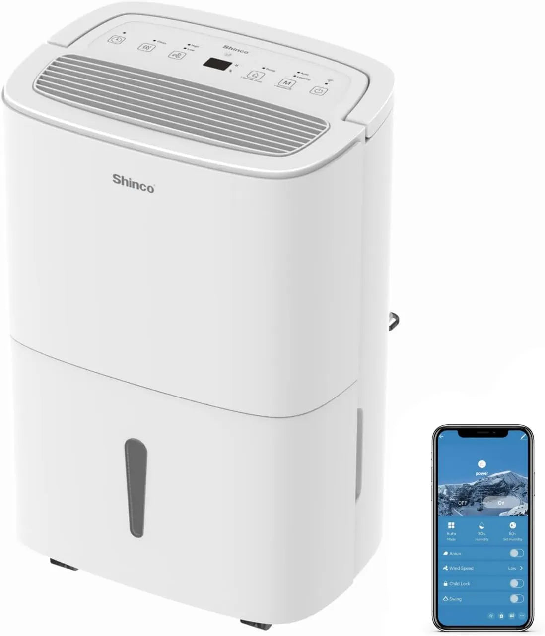 SHINCO osuszacz powietrza, Suszarka, WIFI 50 l / dzień 24h, przenośny osuszacz z pompą 50 l/Jour, licznik czasu, WiFi, biały