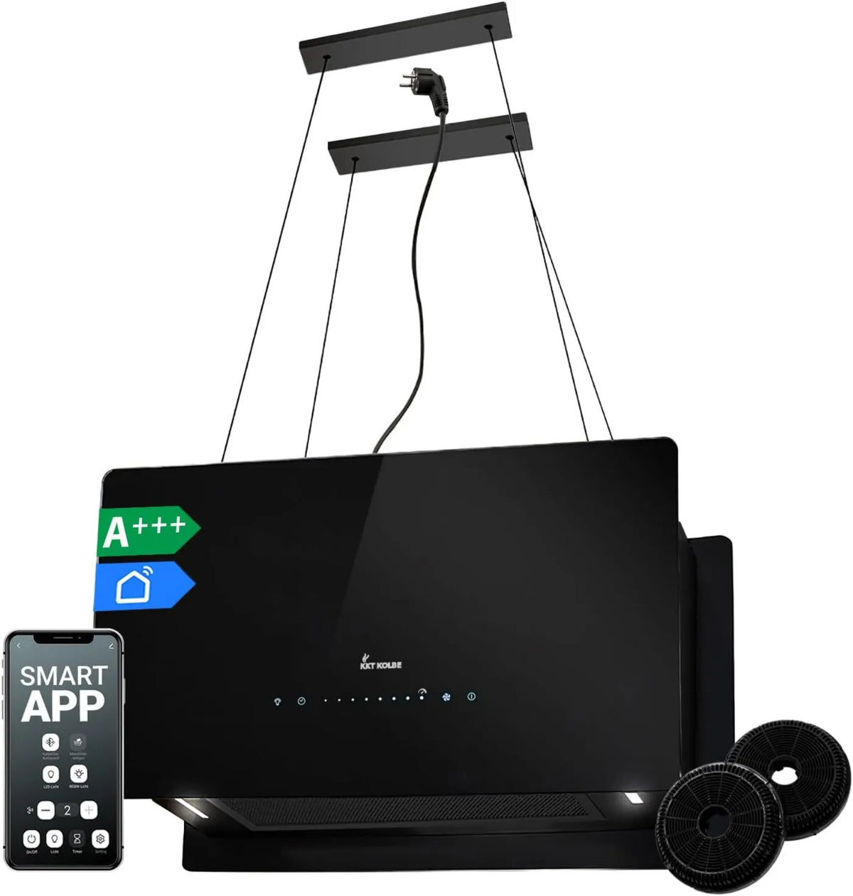 KKT KOLBE okap kuchenny, m3 / h CUBE60FB, 60 cm, 684 m3 / h, WiFi, czarny, LED, WiFi Smart App, 9 prędkości, Osłona podwieszana A + + 60 m3/h