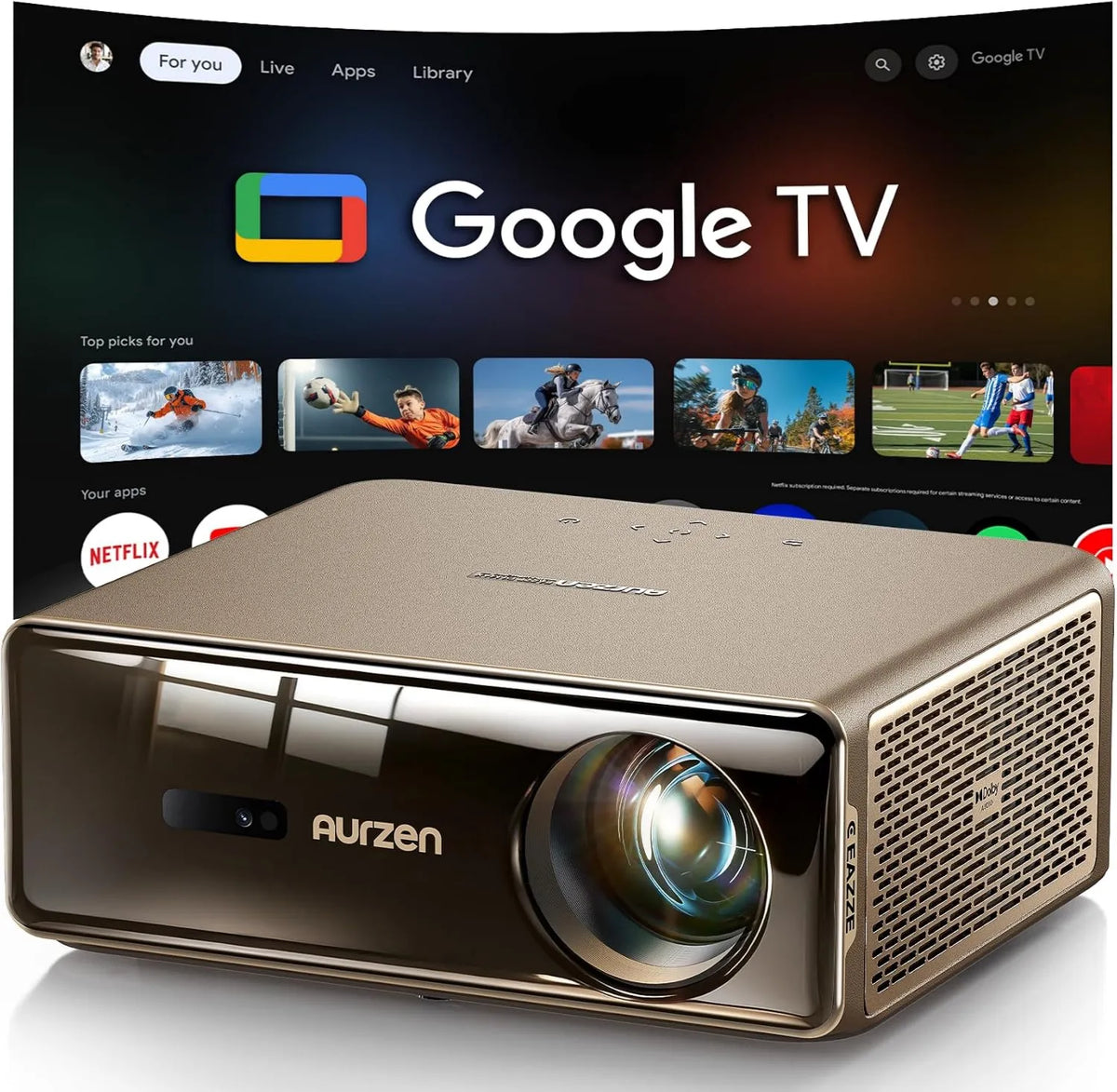 Aurzen projektor, Google Smart TV, TV, 4K UHD, Wi-Fi, Bluetooth, EAZZE D1 Max 4K obsługiwany, Audio DoIby 20 W, 1000 ANSI, 0 & Netflix