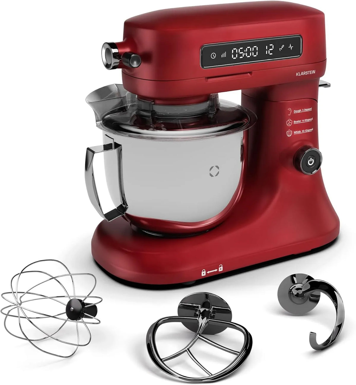 KLARSTEIN robot kuchenny, 5 l, 1600 W, 72 dB, dotyk, ciasto, ekran LCD, tłumik, stal nierdzewna, czerwona, miska ze stali nierdzewnej 5 l, 12 prędkości