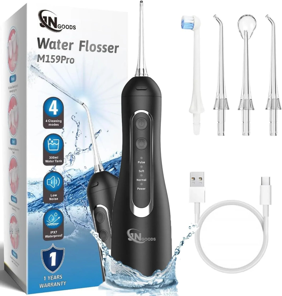 JNGOODS, IPX7 przenośny, elektryczny hydropuls dentystyczny, 300 ml, IP65, 4 tryby, bezprzewodowy, czarny, do wodoodpornych zębów IPX7 4 sposoby przenośnego podlewania a