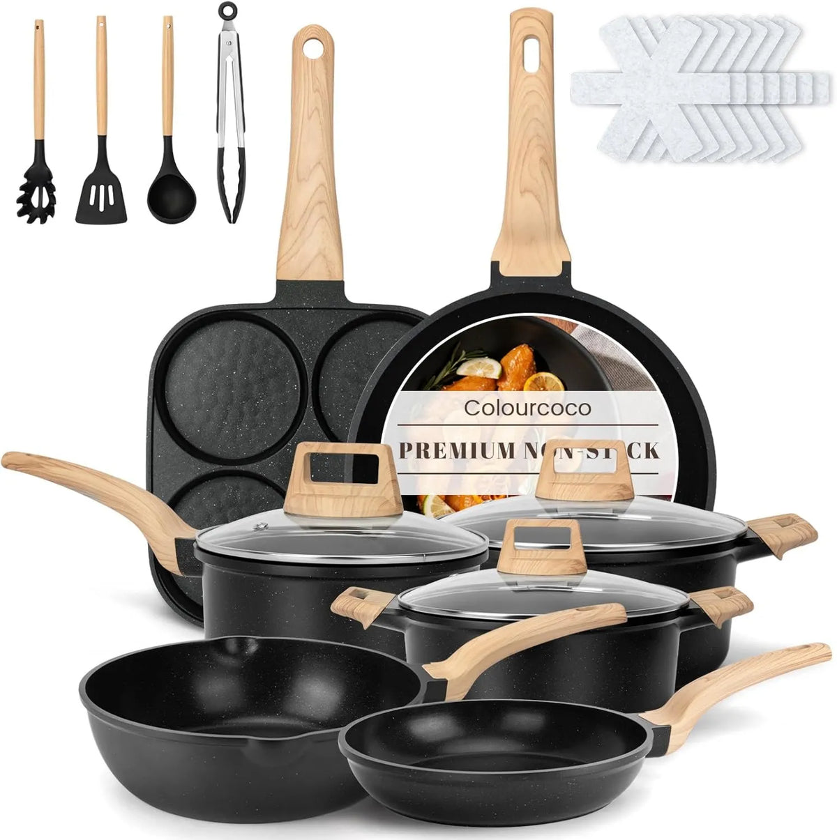 Colourcoco, Piec elektryczny, czarny, Bateria kuchenna 21 sztuk, Piec indukcyjny Non- stick, PFOA-free