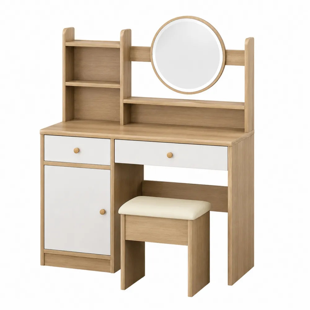 Toaletka z lustrem i taboretem z drewna i laminatu 120 cm