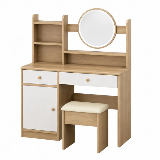 Toaletka z lustrem i taboretem z drewna i laminatu 120 cm