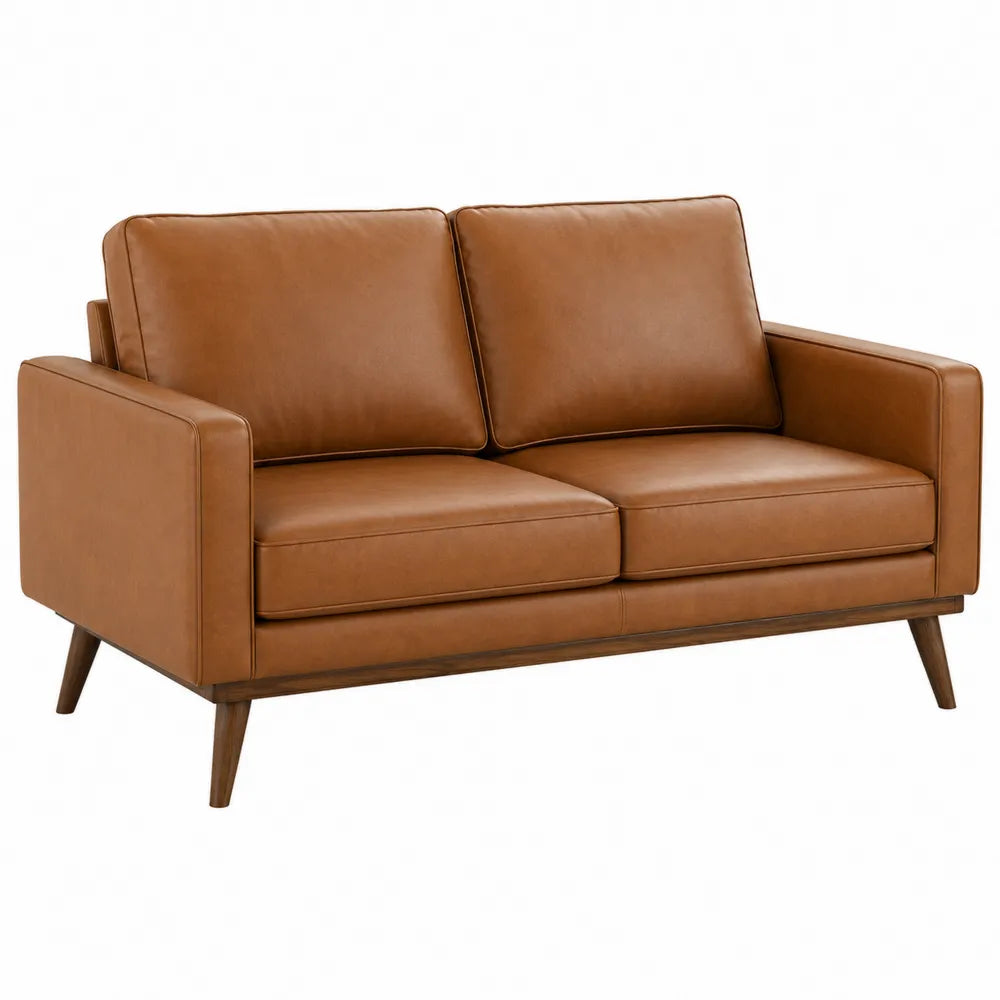 Dwuosobowa sofa z brązowej skóry z drewnianymi nogami