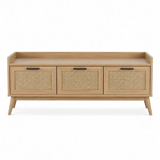 Ławka drewniana z rattanowymi frontami 120 cm