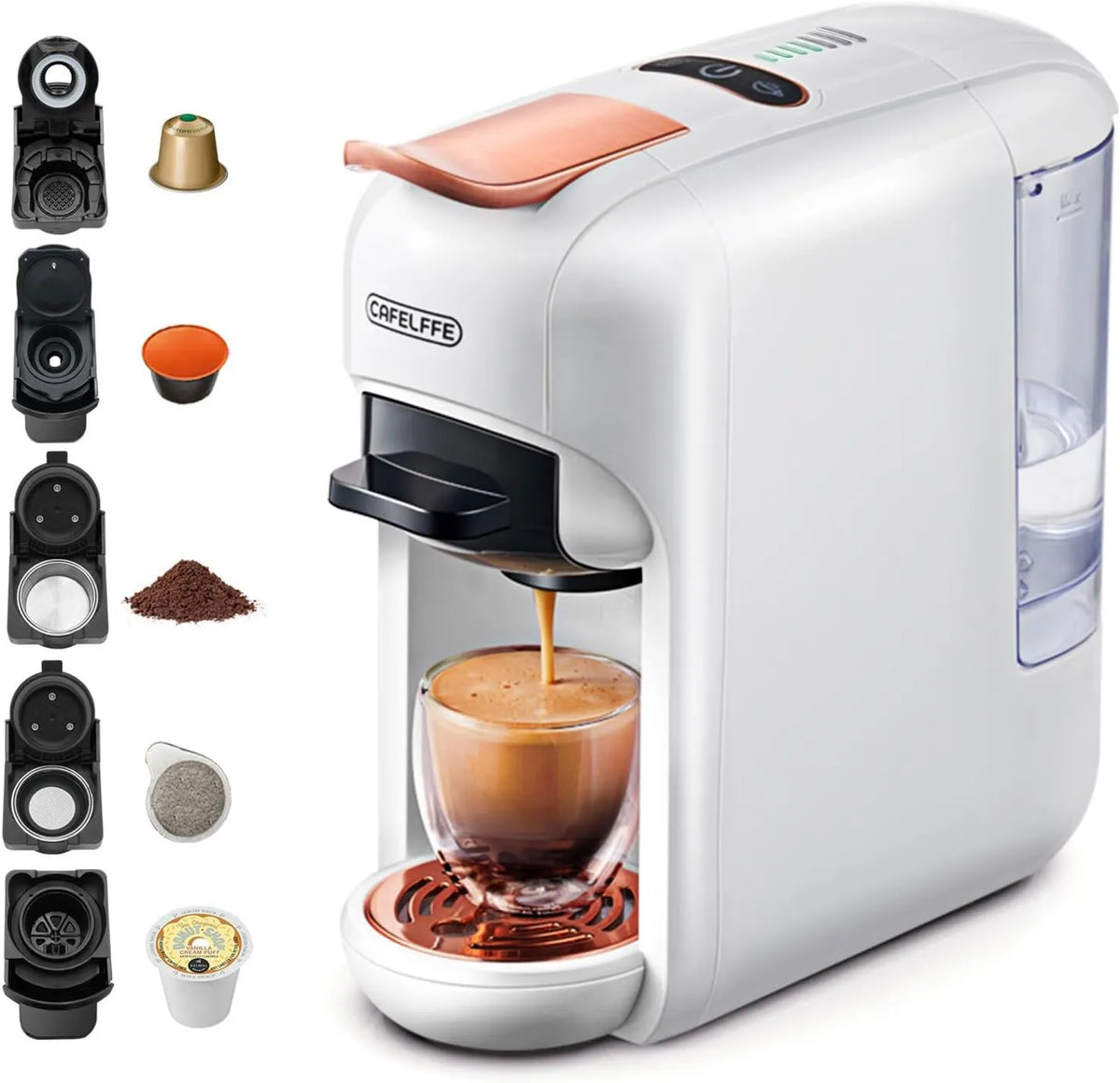 Cafelffe, Ekspresora, 1450 W, Kawa MK- 606 5- in-1, biały, Kompatybilny z K- Cup / Nes Original / DG / 44 mm ESE i frezowanie, 7 wielkości infuzji MK-606 5-en-1 Original/DG/44