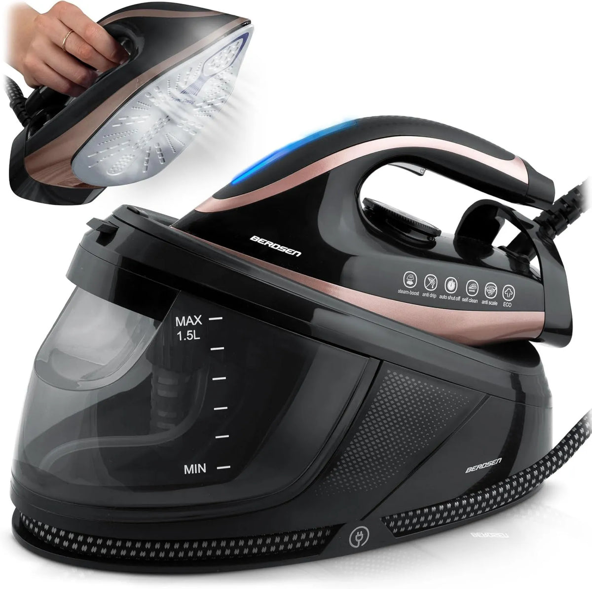 Berdsen żelazko parowe, Eco tryb, 3000 W, para Central, 1, 5 l XL zbiornik wodny, wyposażone w podeszwę ceramiczną