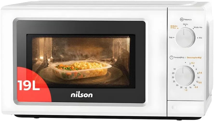 NILSON, Kuchenka mikrofalowa NMW2701, 19 l, 700 W, 5 programów, licznik czasu, mikrofalówka, biały, 30 minut czasu, Mechaniczny, Bezpłatna instalacja