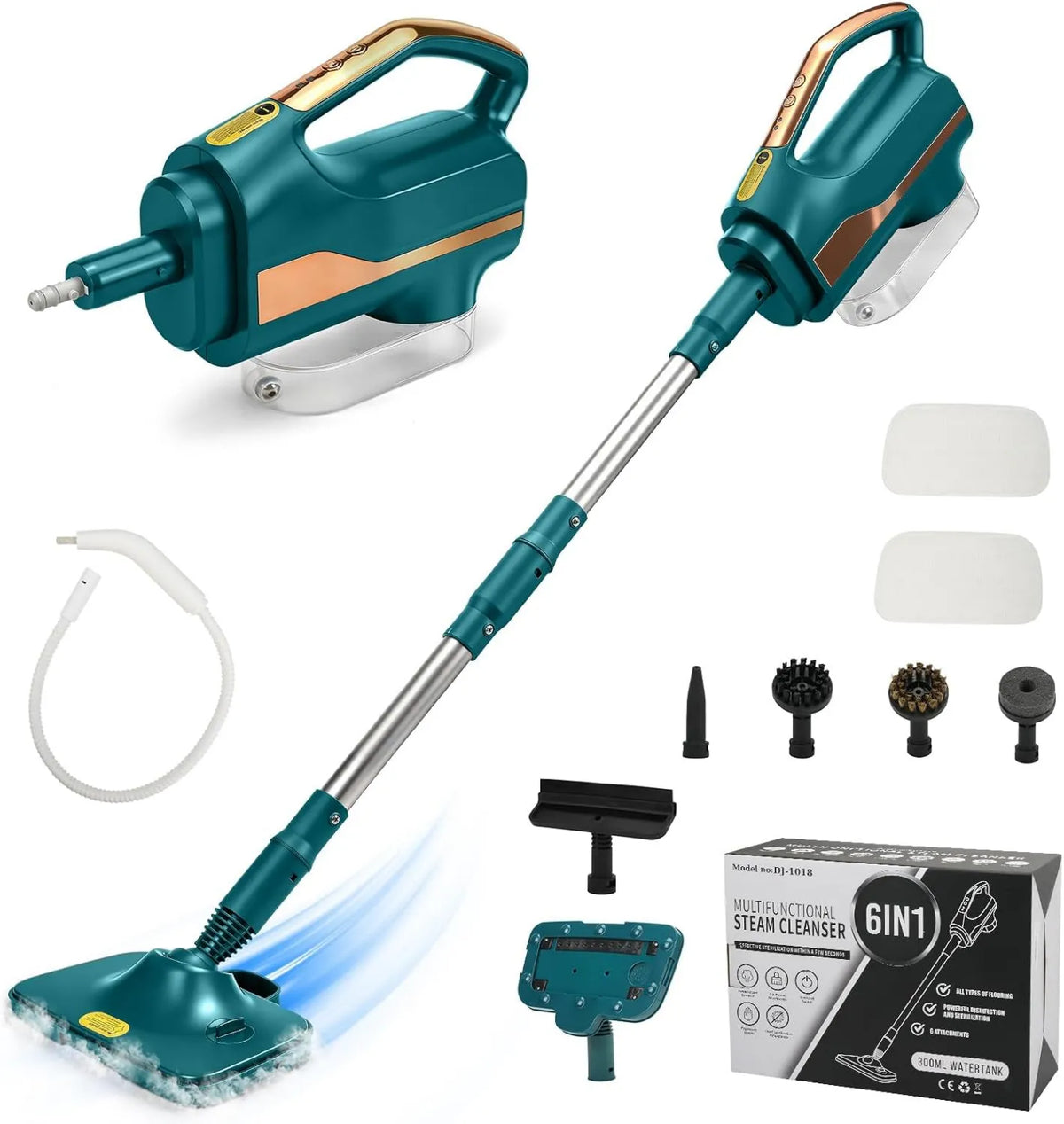 WingFly myjka parowa, Czyszczenie parowe, 1500 W, 3 poziomów, duży zbiornik, zastosowanie na podłodze, kuchnia, samochód, okna i sofa, zielony, 300 ml zbiornik wody
