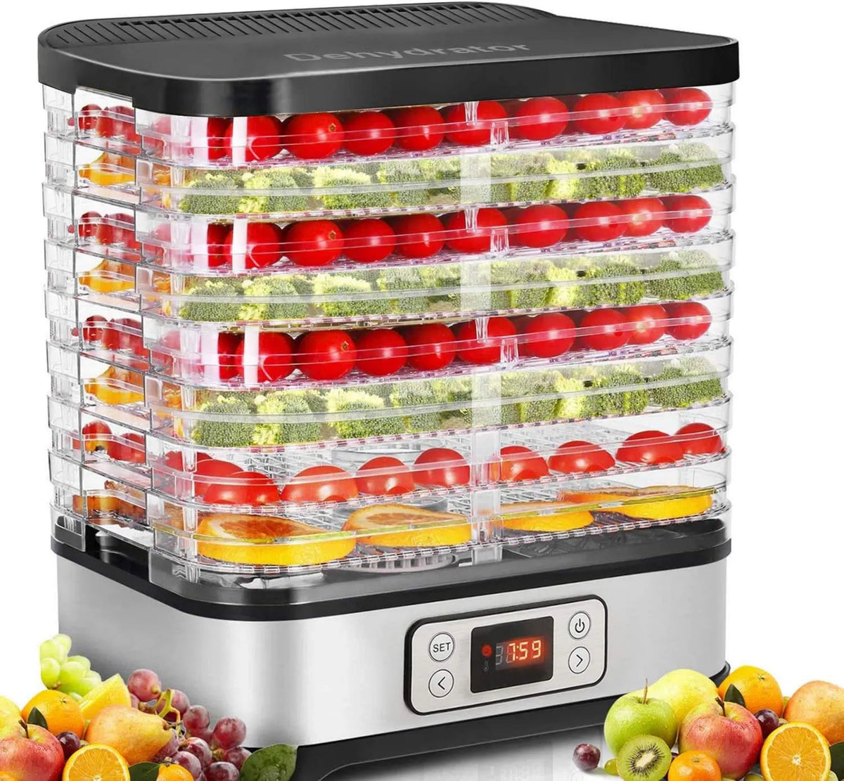 COOCHEER suszarka do żywności, 72h Suszarka, odwodniony pokarmowy, 400 W, 35 do 70°C, licznik, 2 strefy temperatur, 8 Płyty, srebro, dla mięsa
