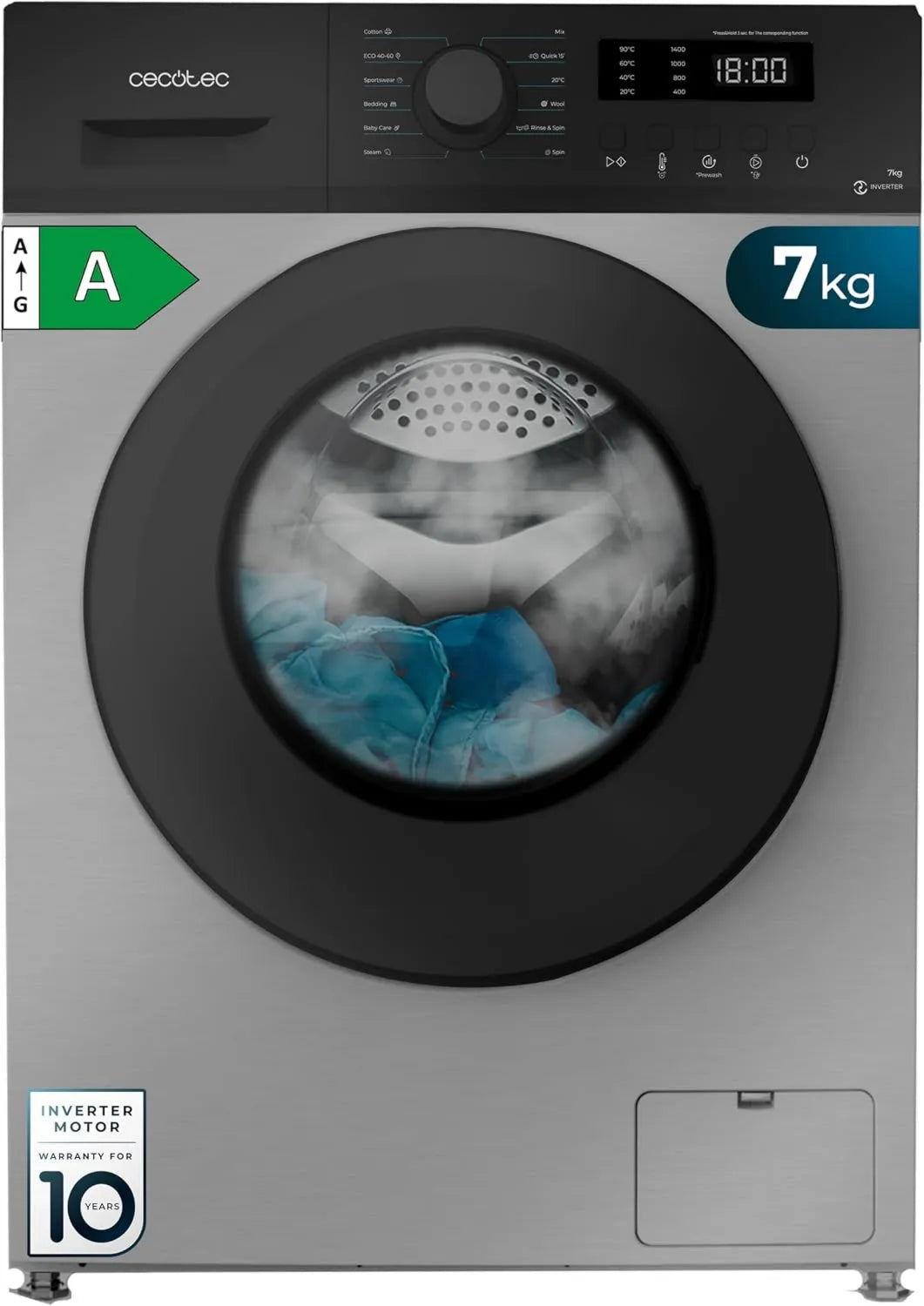 Cecotec pralka, Bolero DressCode 7150, 12 programów, 7 kg, klasa energetyczna A, blokada, Inwerter, para Max, 1400 tr, min, Drum Clean