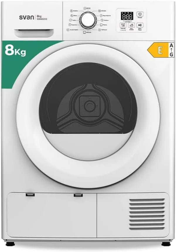 SVAN suszarka z pompą ciepła, SSB802ED., 700 W, 12 programów, 8 kg, klasa energii E-, biały, ręczny wyświetlacz LED, SSB802ED. 700 W, Pompa ciepła do suszarek