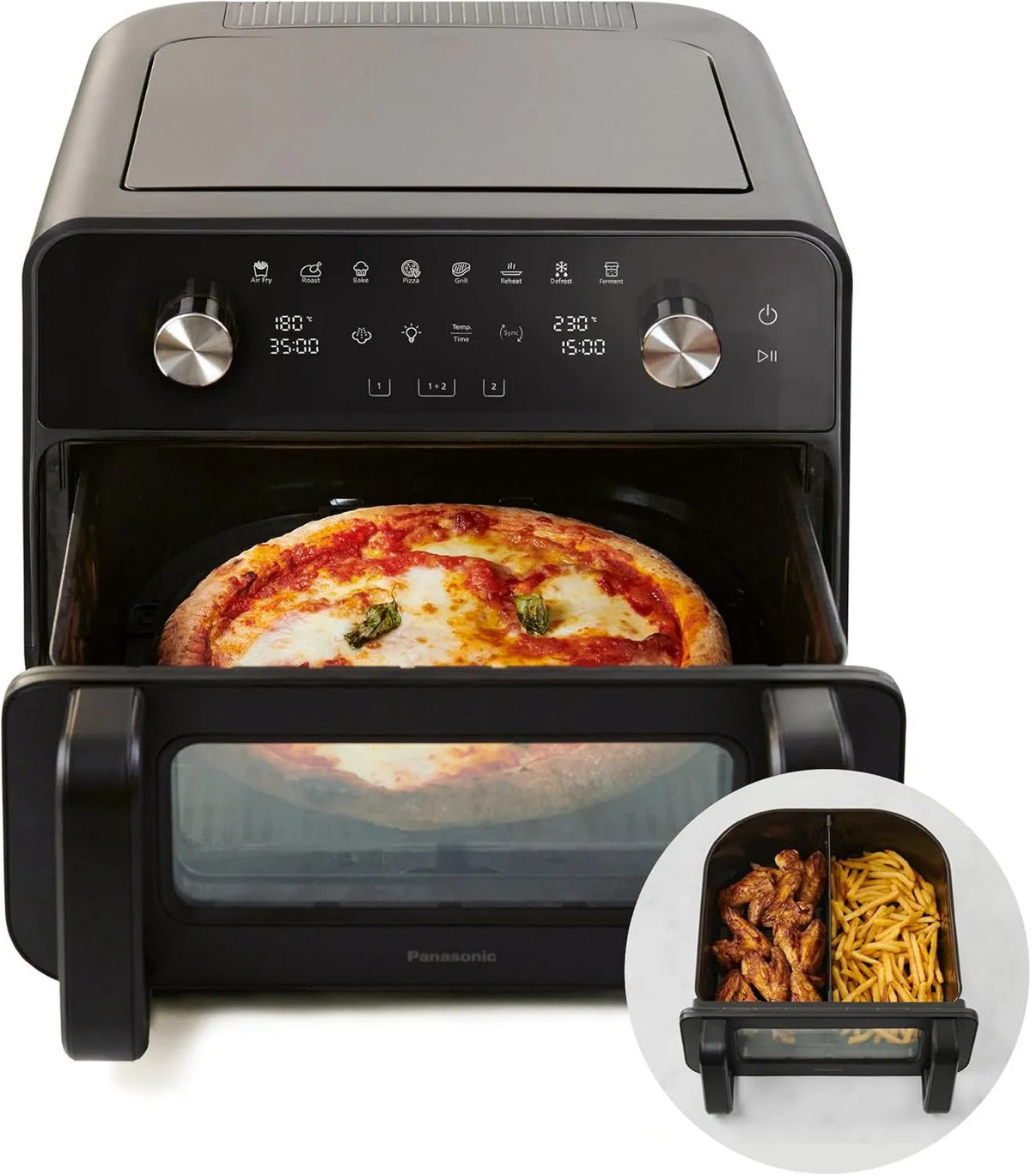 Panasonic frytkownica beztłuszczowa, NF- BC1000 2-strefy Gorące powietrze płuczka, 30 cm, 6 l, 30 do 230°C, pizza, para, wyjmowane, czarny, XL elastyczny kosz, miękka para, 6 l NF-BC1000 2-zones