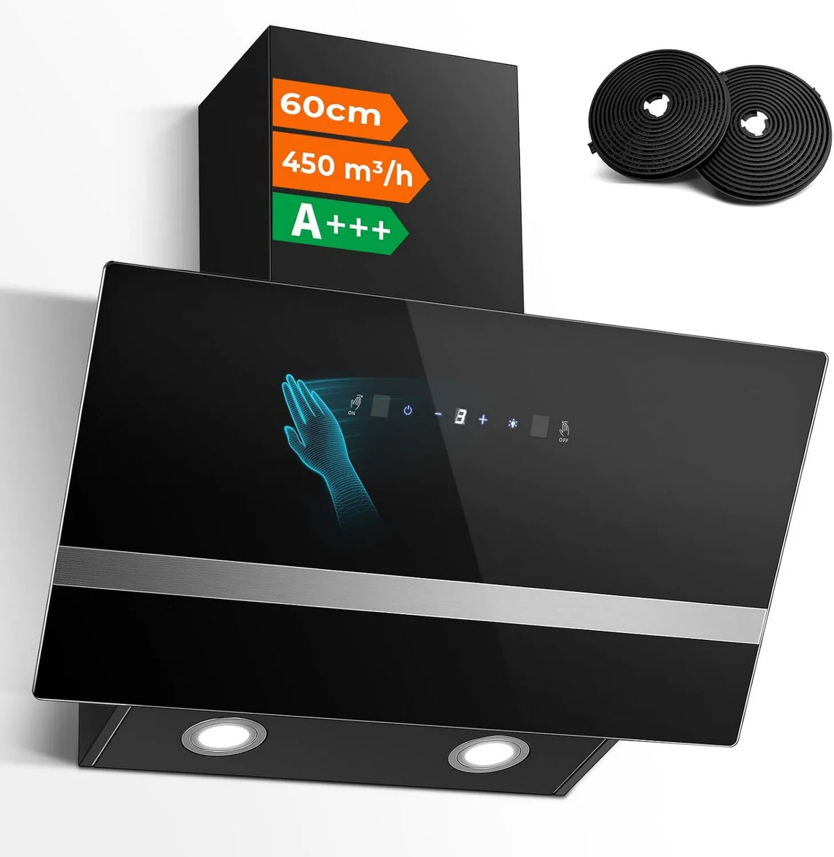 SNDOAS okap kuchenny, Okap próżniowy, 60 cm, 450 m3 / h, przechył, rozładowanie i recykling, oświetlenie LED, 3 prędkości, Boost, dotyk, Ewakuacja lub m3/h