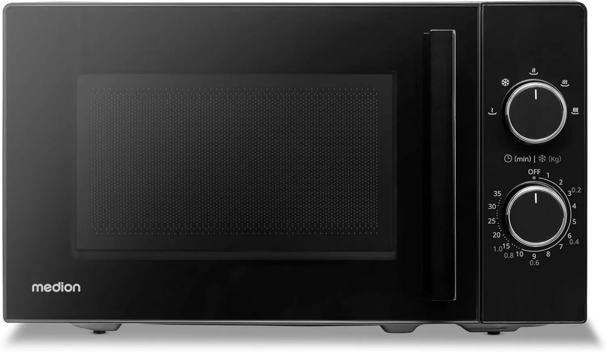 MEDION, kuchenka mikrofalowa MD12011, 20 l, zegar, rozmrażanie, mikrofalówka, czarna, 800 W, 5 prędkości mikrofalowa, taca szklana